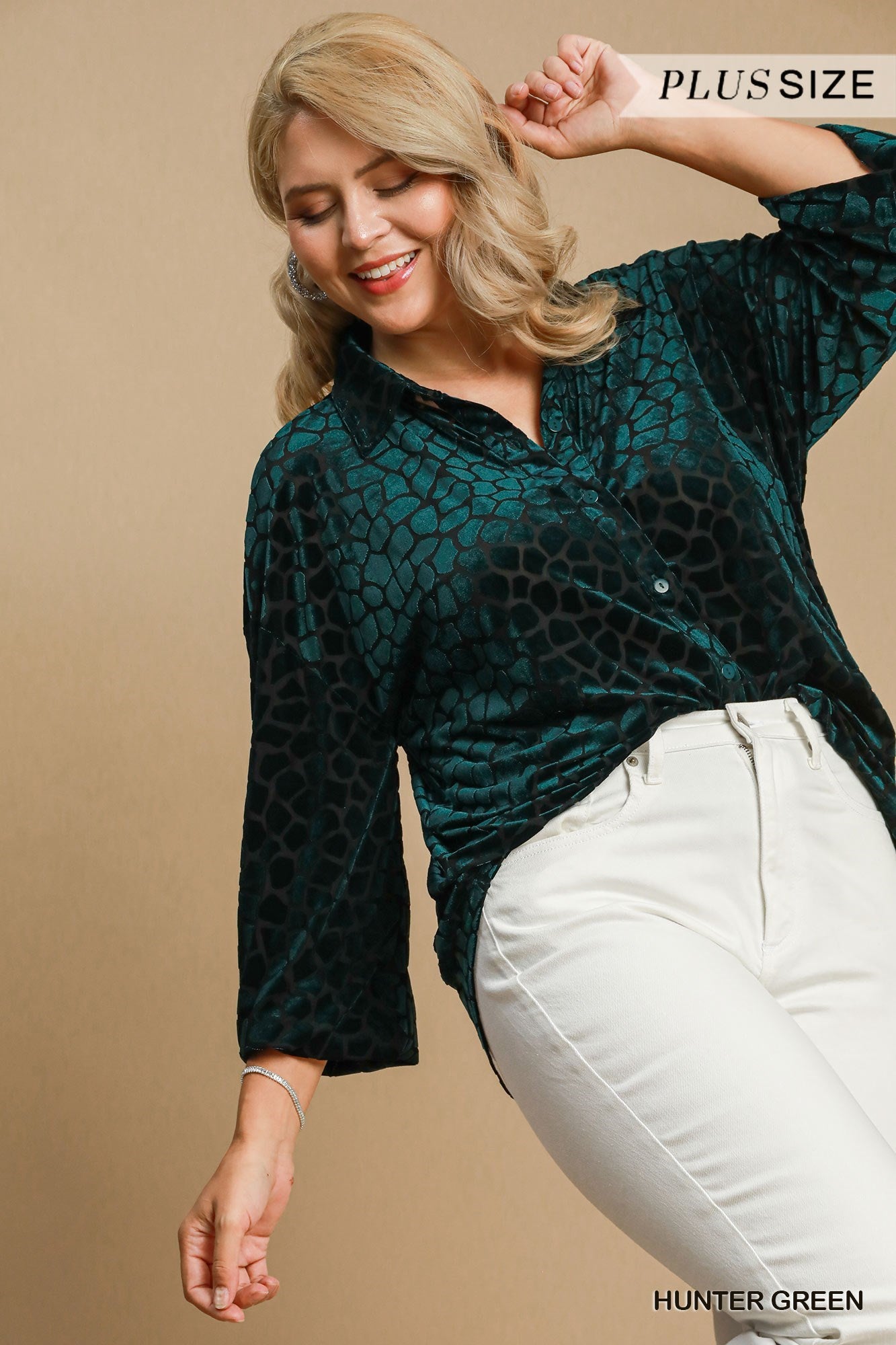 VELVET PRINTED HUNTER GREEN LONG SLEEVE TOP