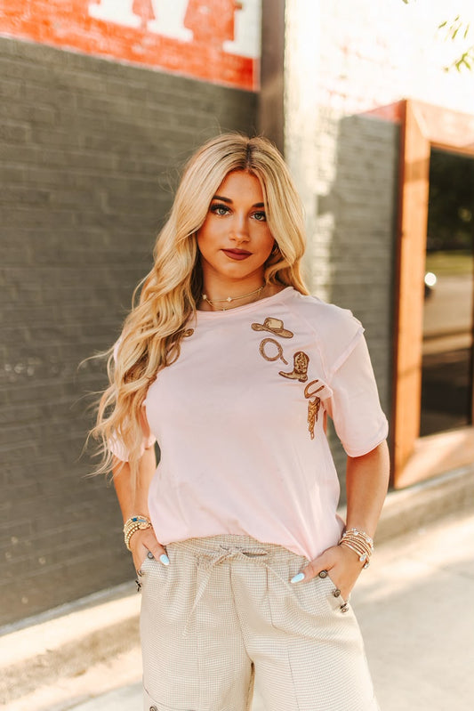WESTERN CAMEL EMB PINK SS TOP