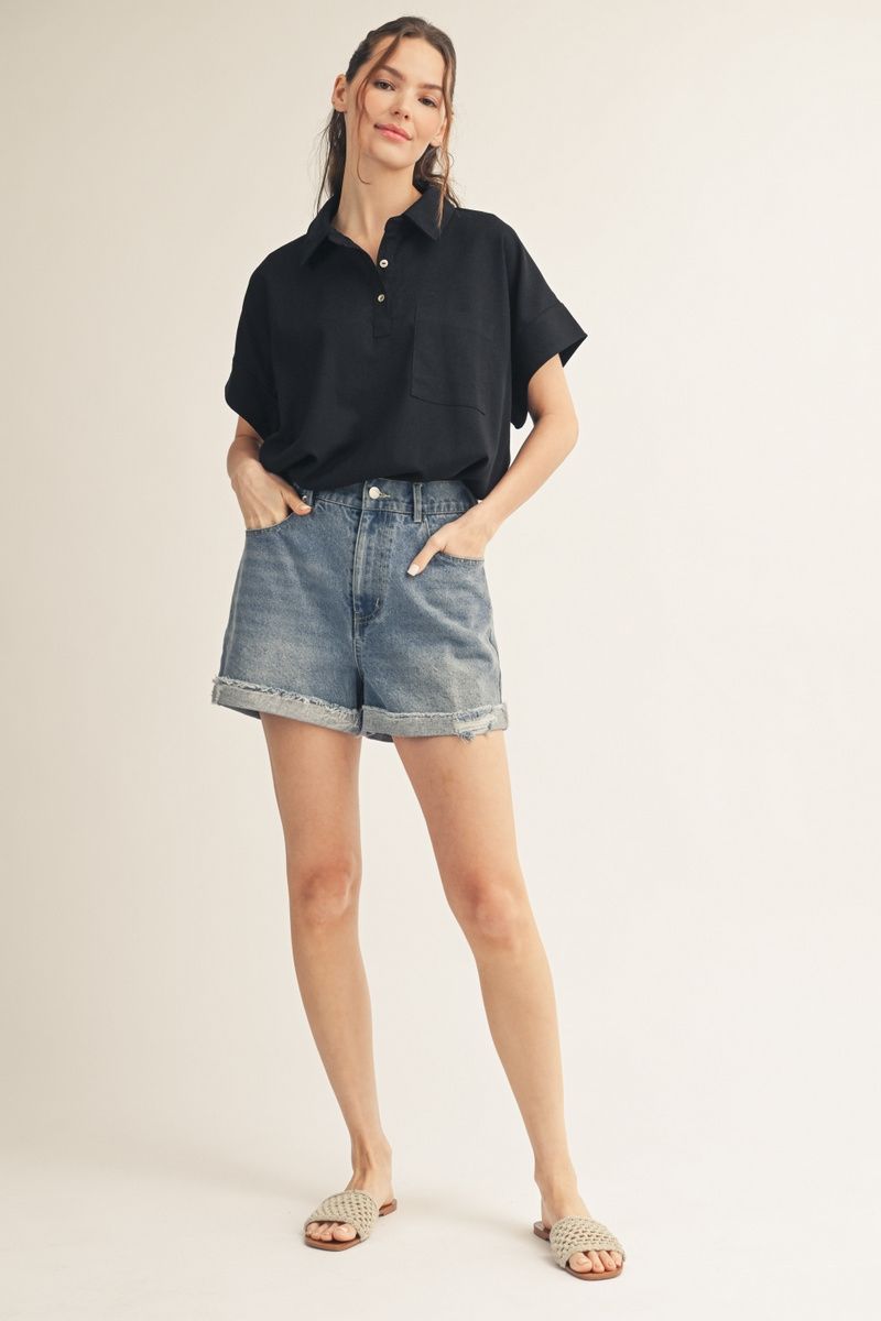 WOVEN ROUND HEM BLACK TOP