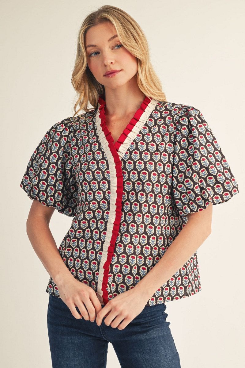FLORAL RUFFLE BROWN TOP