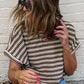 TEXTURED BROWN STRIPE CREW NECK TOP