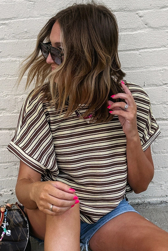 TEXTURED BROWN STRIPE CREW NECK TOP