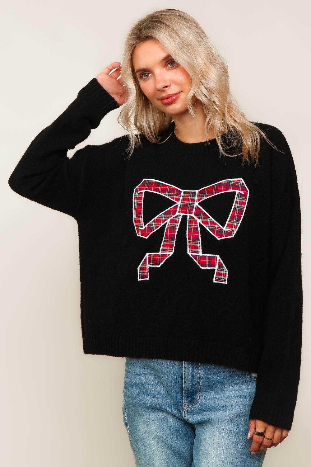 PLAID BOW WOVEN SWEATER