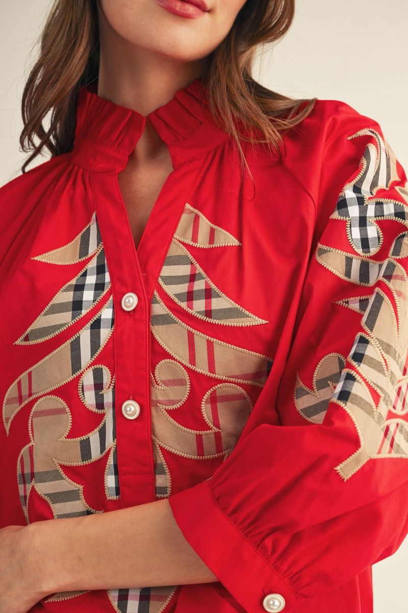 WM PLAID 3/4 RED TOP
