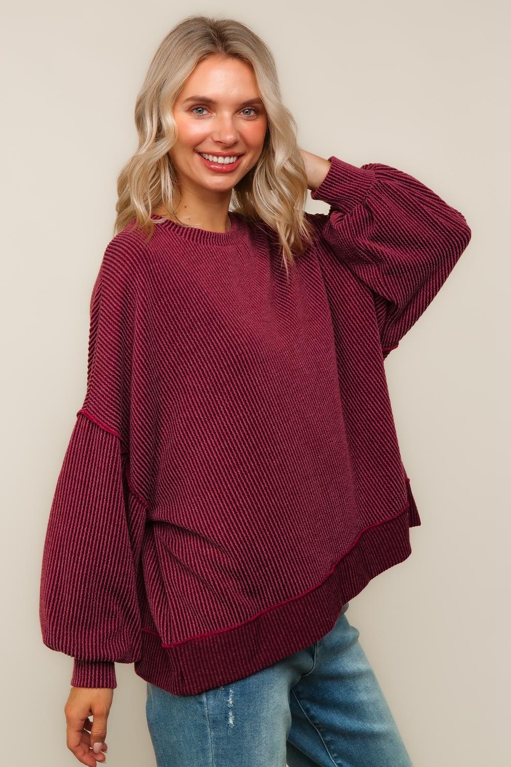 BURGUNDY RIB BANDED SWEATER