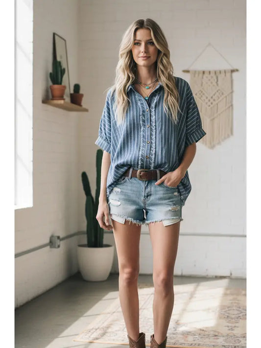 STRIPED WASHED DENIM TOP