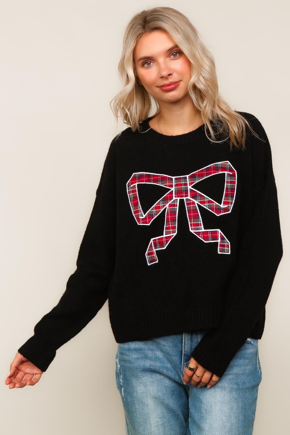 PLAID BOW WOVEN SWEATER