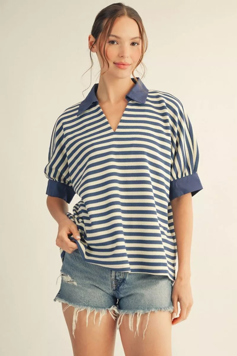 COLLAR STRIPE SS DENIM TOP