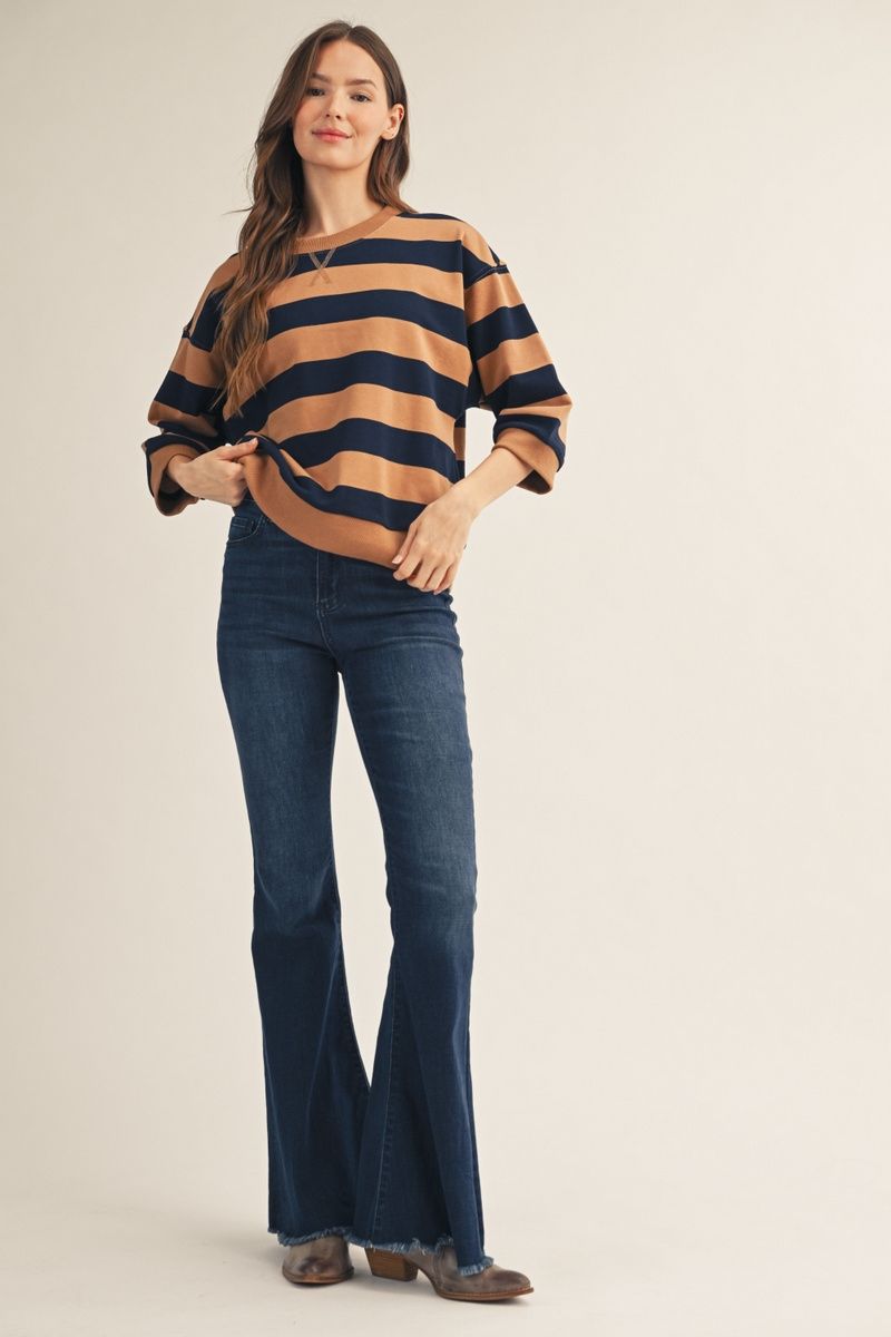 3/4 STRIPE CARMEL/NAVY TOP