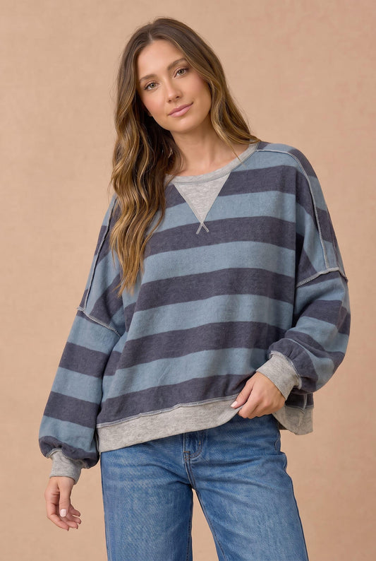 HACCI NAVY/GREY STRIPED LS