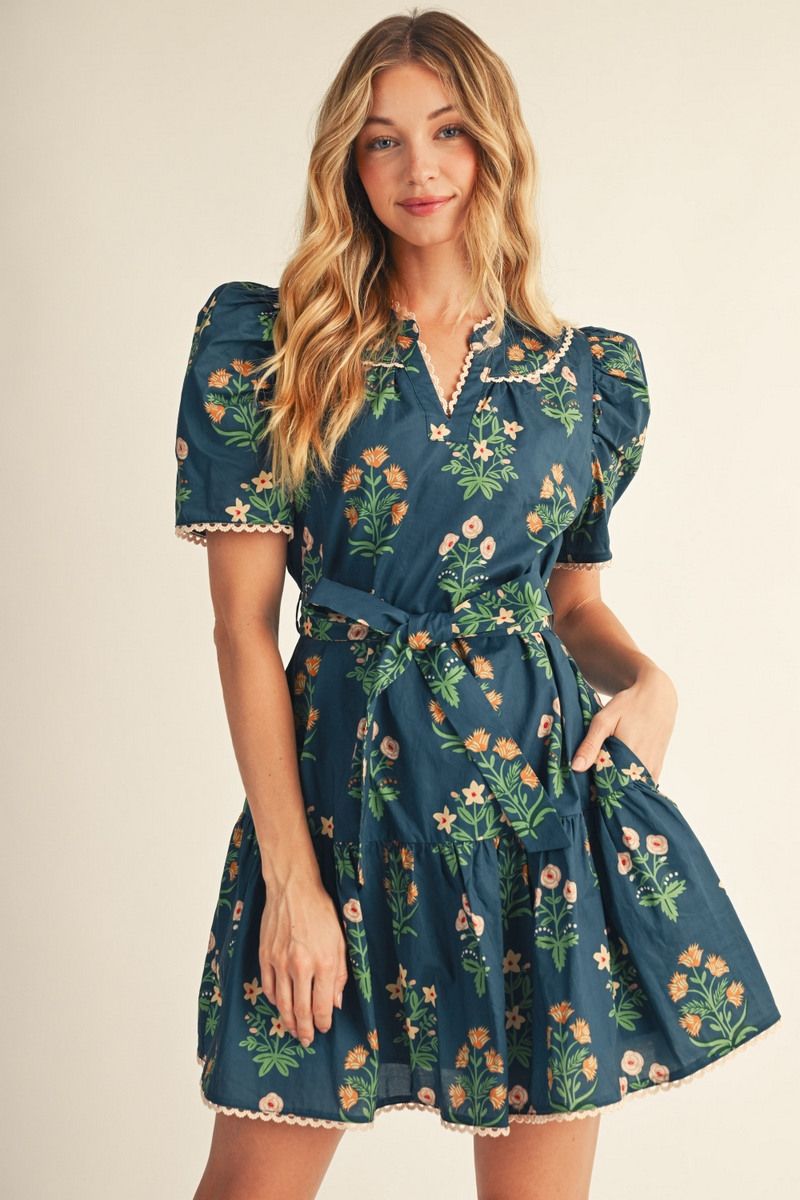 SCALLOP FLORAL TEAL DRESS
