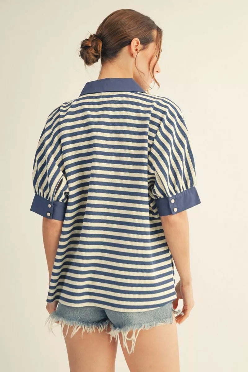 COLLAR STRIPE SS DENIM TOP