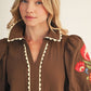 EMB TRIM SCALLOP BROWN  TOP