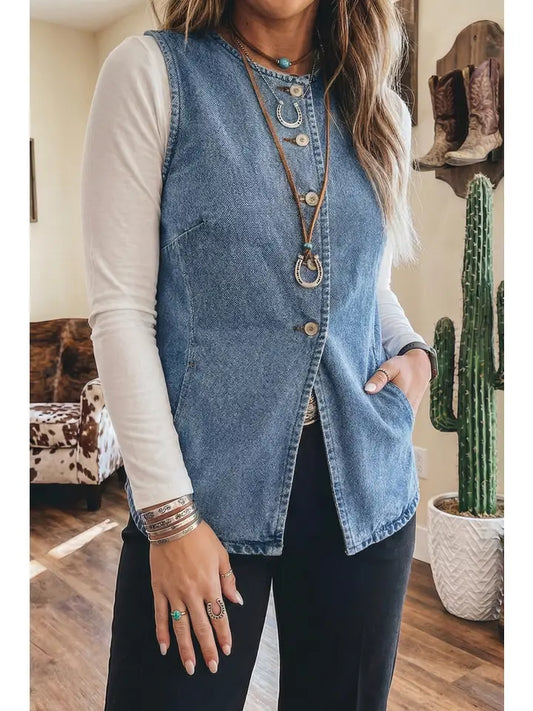 DENIM BUTTONED FRONT SLIT VEST