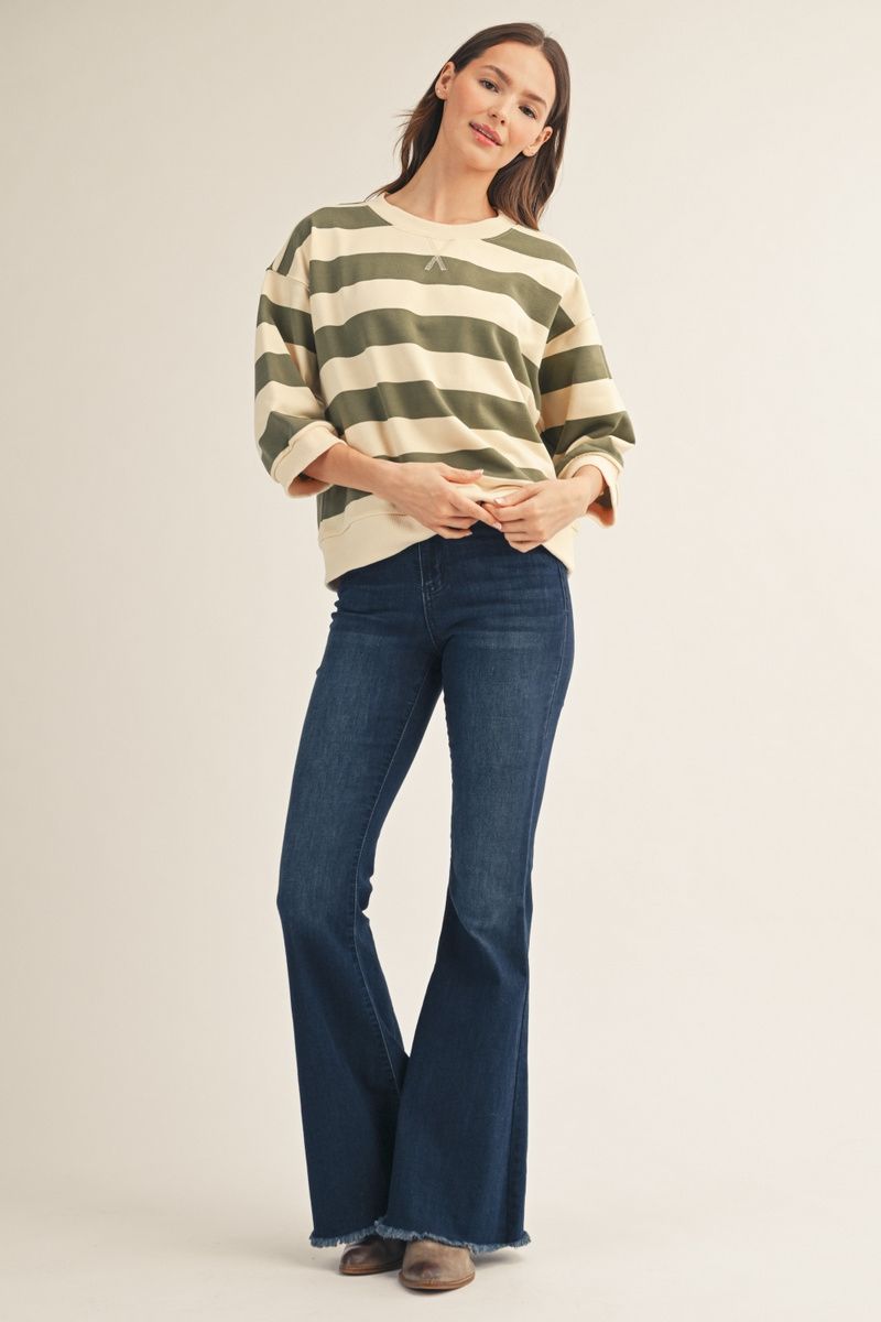 3/4 STRIPE OLIVE TOP