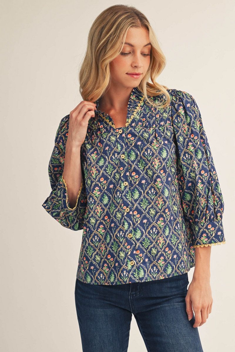 MIX FLORAL 3/4 COBALT BLUE TOP