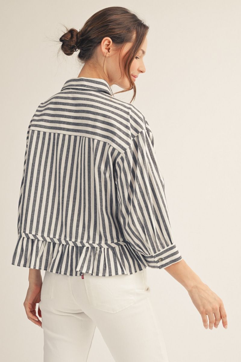 STRIPE RUFFLE NAVY TOP