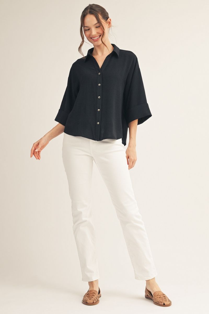 DROP SHOULDER 3/4 BLACK SS TOP