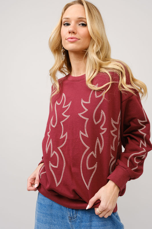 WESTERN BURGUNDY BOOT STITCH SWEATER