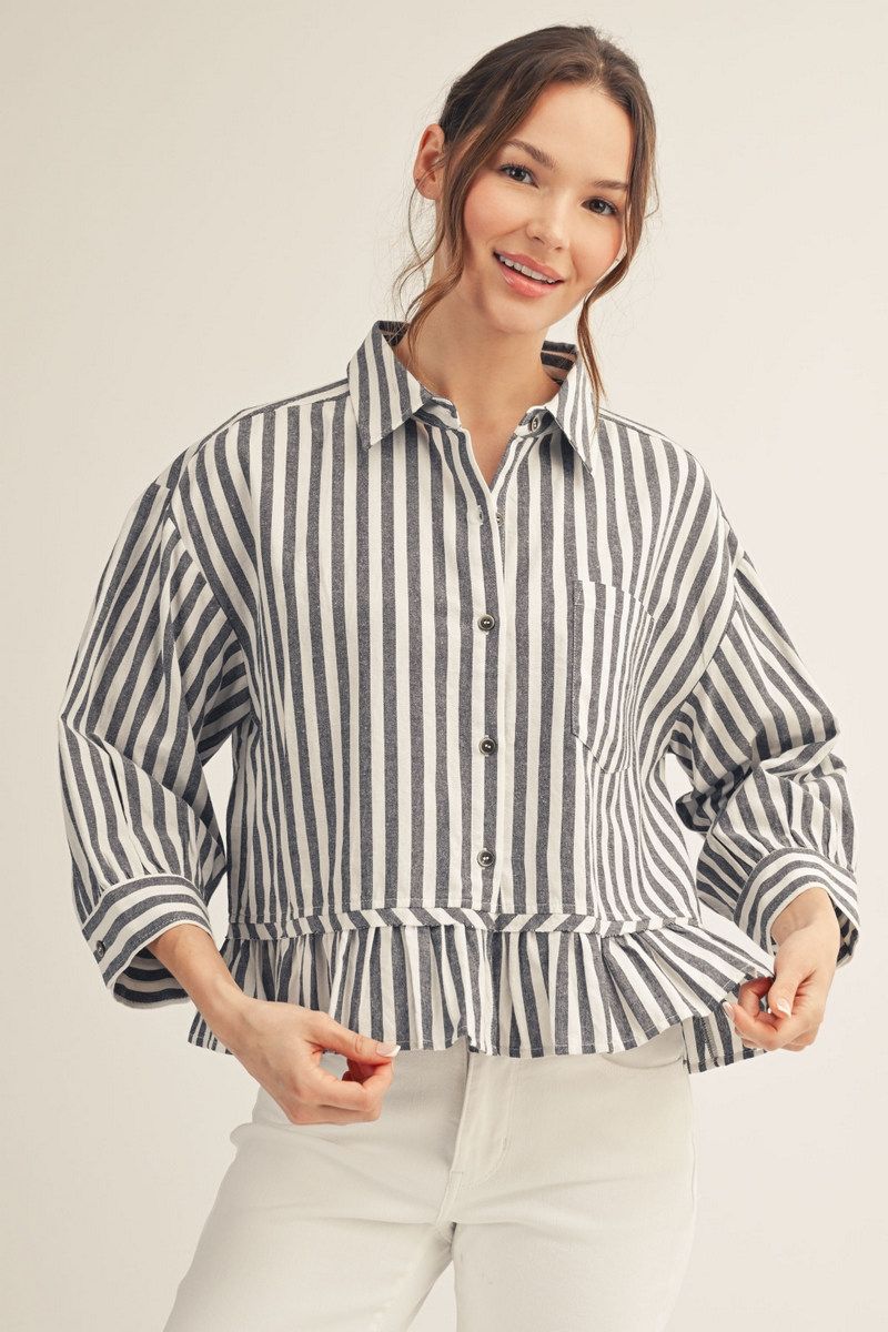 STRIPE RUFFLE NAVY TOP