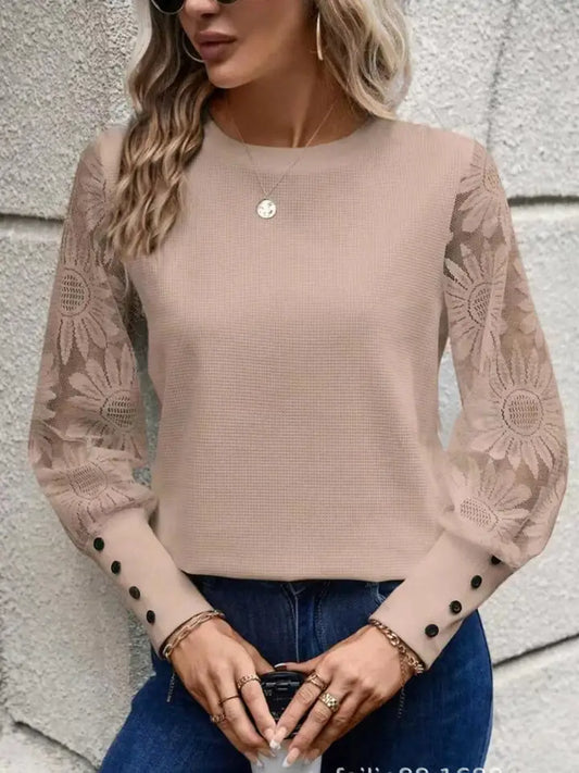 SOLID FLORAL LACE SLEEVE TOP