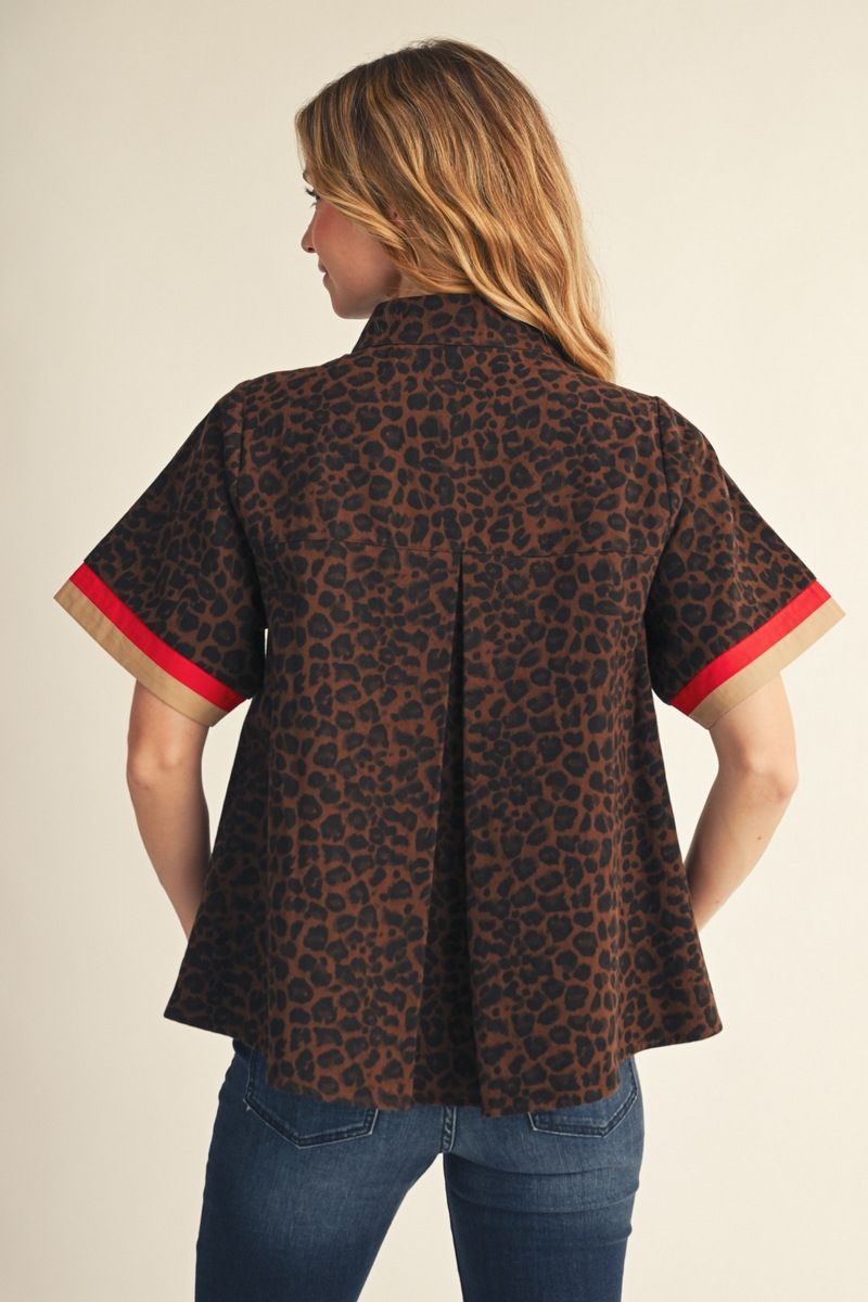 LEOPARD SMOCK NECK BROWN TOP