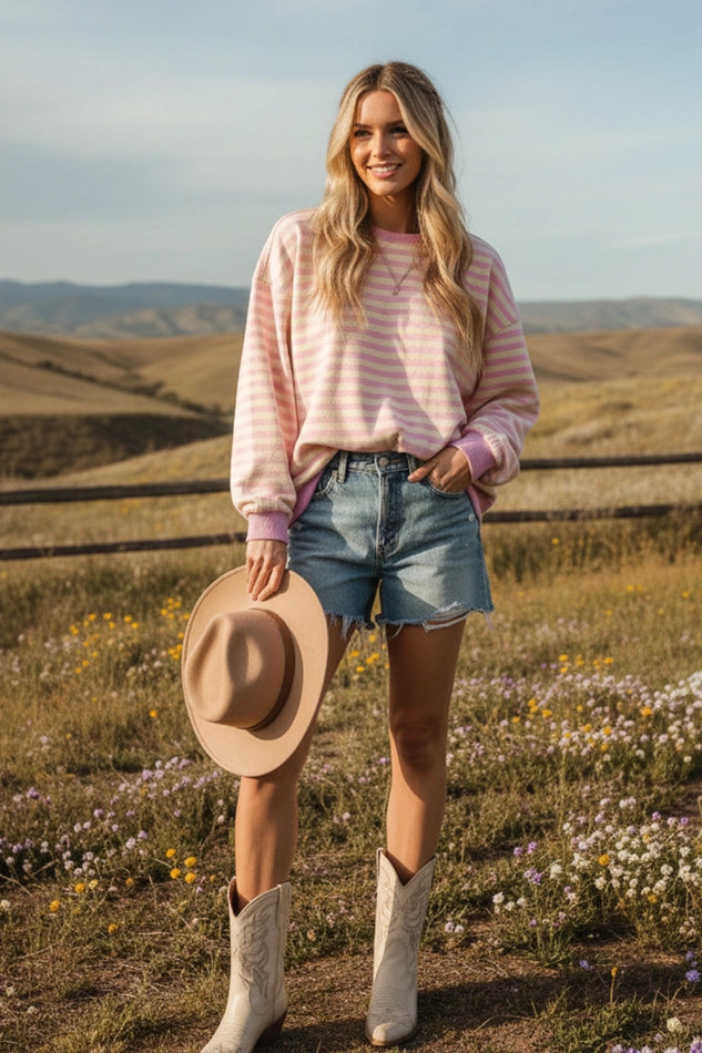 STRIPED MULIT LS CREAM/PINK TOP