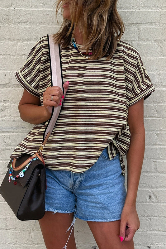 TEXTURED BROWN STRIPE CREW NECK TOP