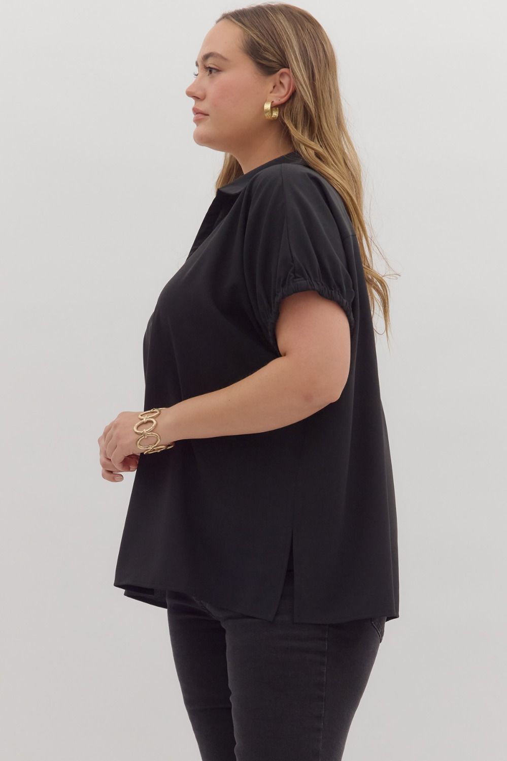 SPLIT COLLAR SLIT HEM BLACK TOP
