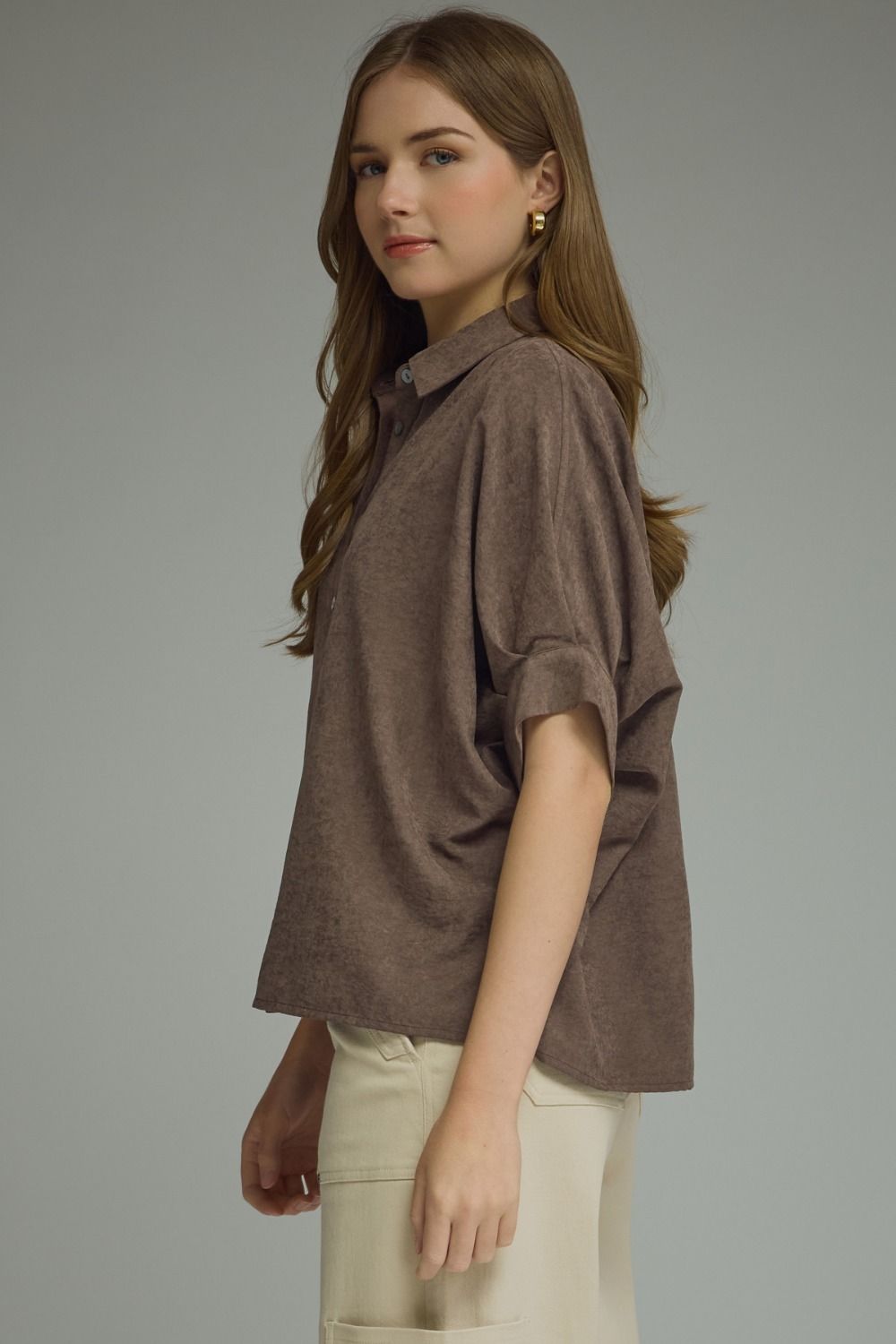 WM COLLAR BROWN SUEDE TOP
