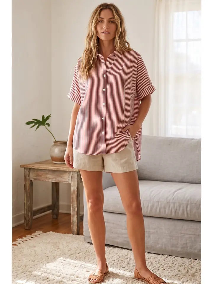 WOVEN BUTTON DOWN RED SS TOP