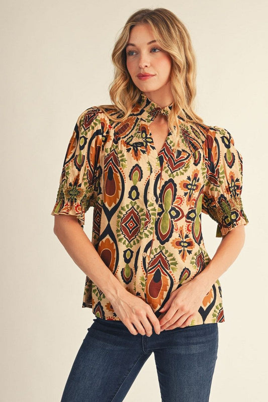BOHO RUFFLE TAUPE/RUST TOP