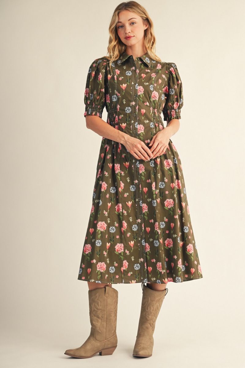 FLORAL DETAIL MIDI OLIVE DRESS