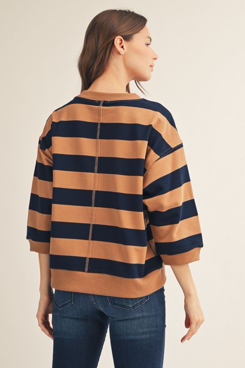 3/4 STRIPE CARMEL/NAVY TOP