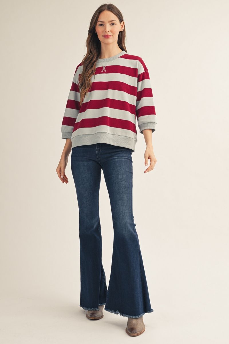 3/4 STRIPE BURGUNDY TOP