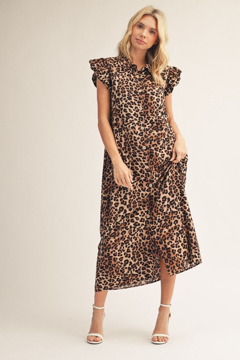 RUFFLED CAP LEOPARD DRESS