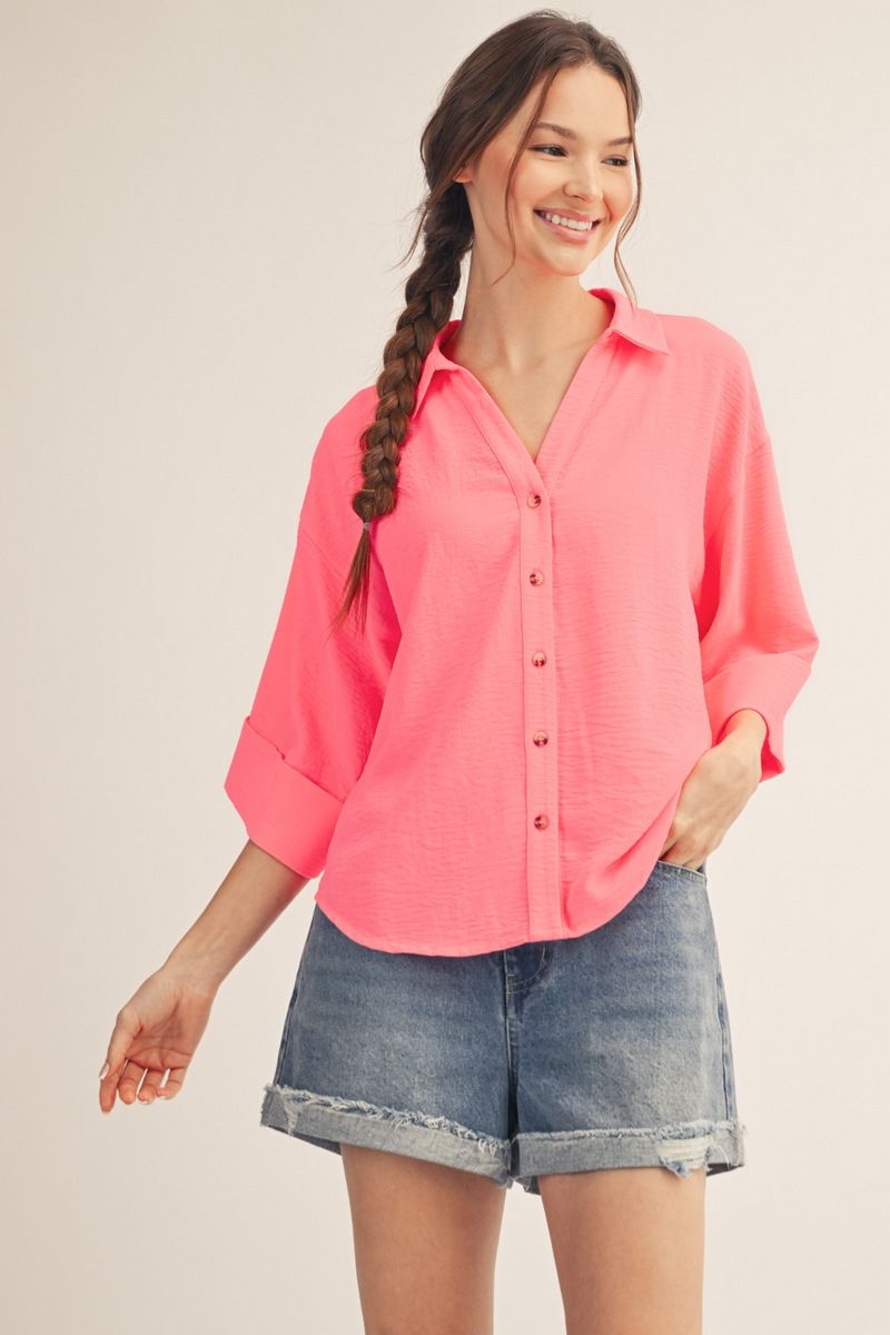 DROP SHOULDER 3/4 NEON PINK SS TOP