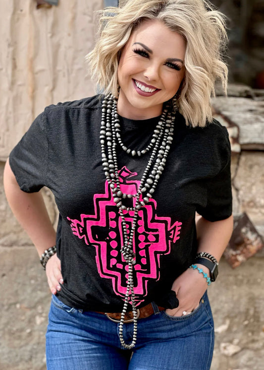 Western Aztec Neon-Pink Puff Tee