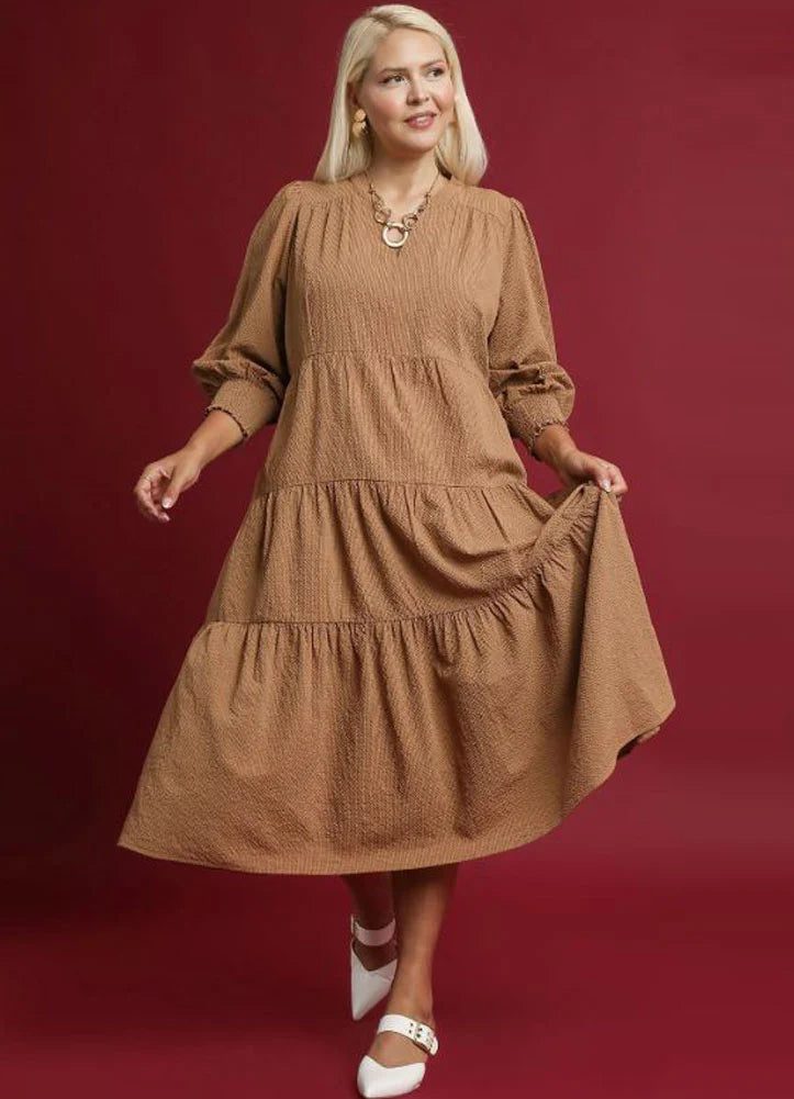 TIERED MIDI MOCHA DRESS