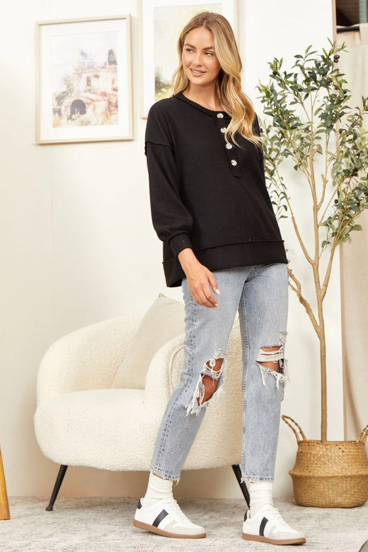 BUTTON NECK BLACK SWEATER