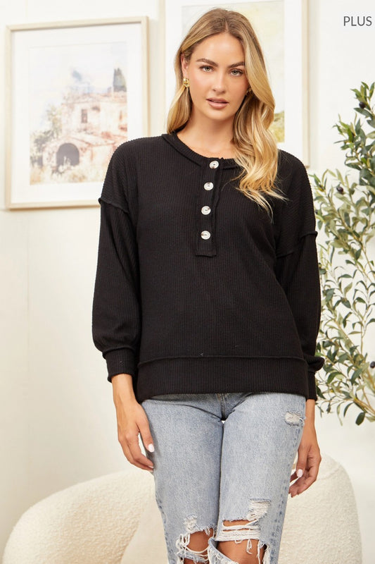 BUTTON NECK BLACK SWEATER