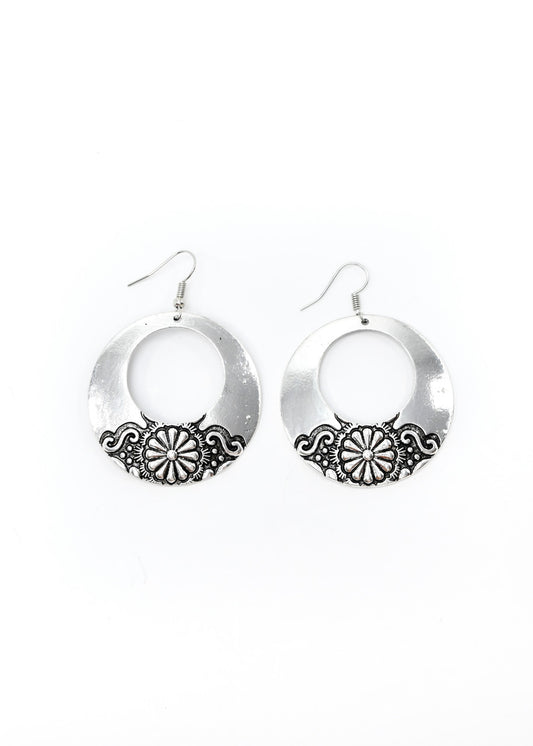 Silver Stamped Circular Earring on Fishhook