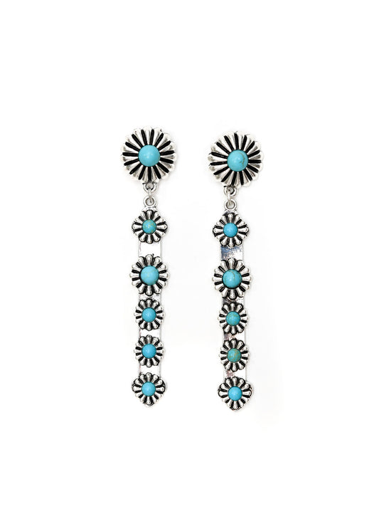 Silver Elongated Post Earring with Turquoise Flower Accents