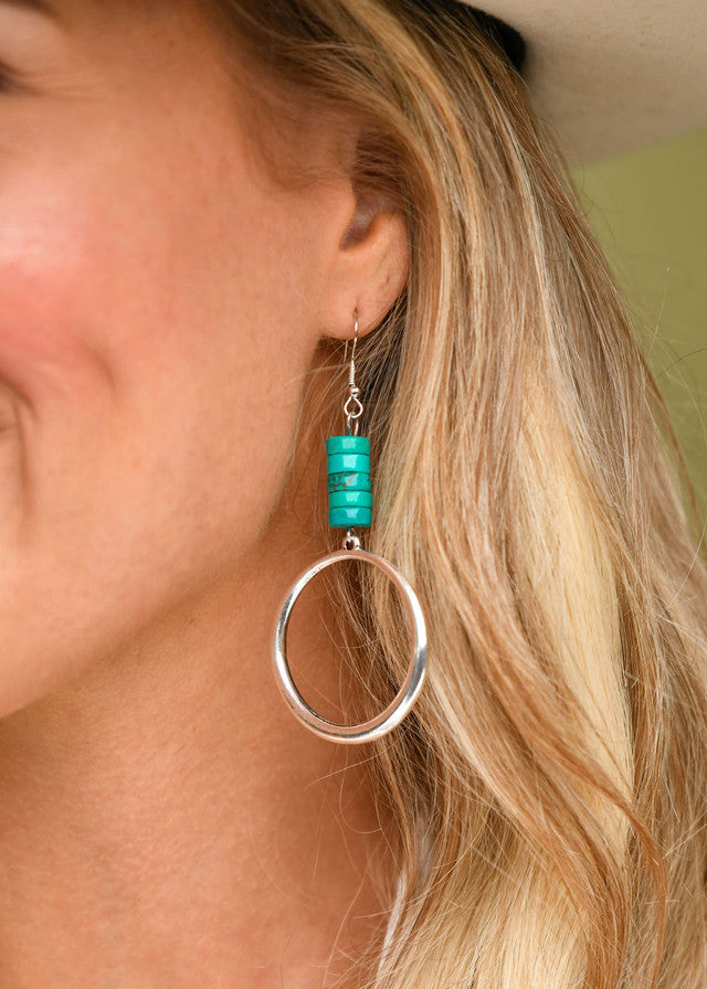 3" Silver Hoop Earring with Turquoise beaded Accent on Fishhook