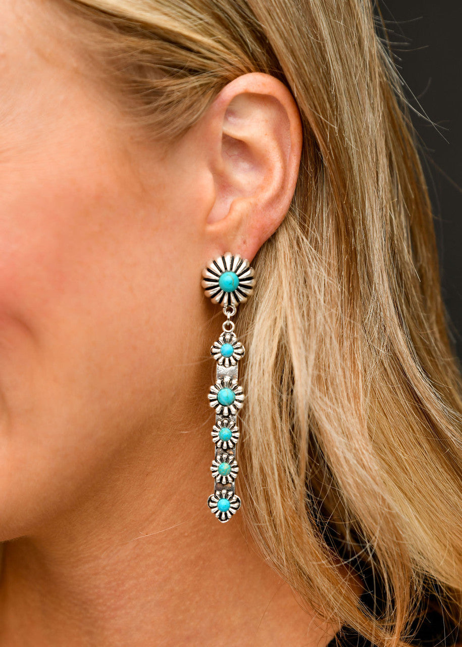 Silver Elongated Post Earring with Turquoise Flower Accents