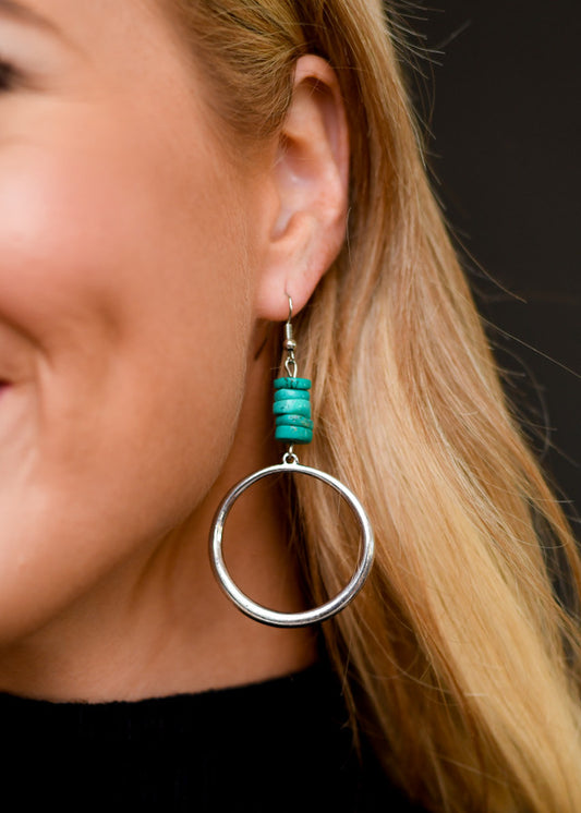 3" Silver Hoop Earring with Turquoise beaded Accent on Fishhook