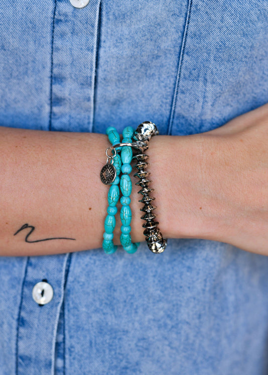 3 Strand Turquoise and Silver Disc Bead Stretch Bracelet