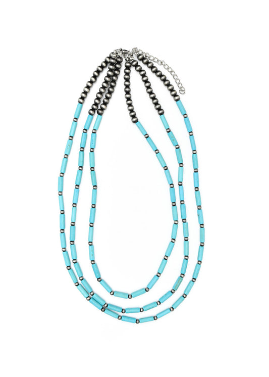 3 Strand Turquoise Tube Bead and Faux Navajo Pearl Short Necklace