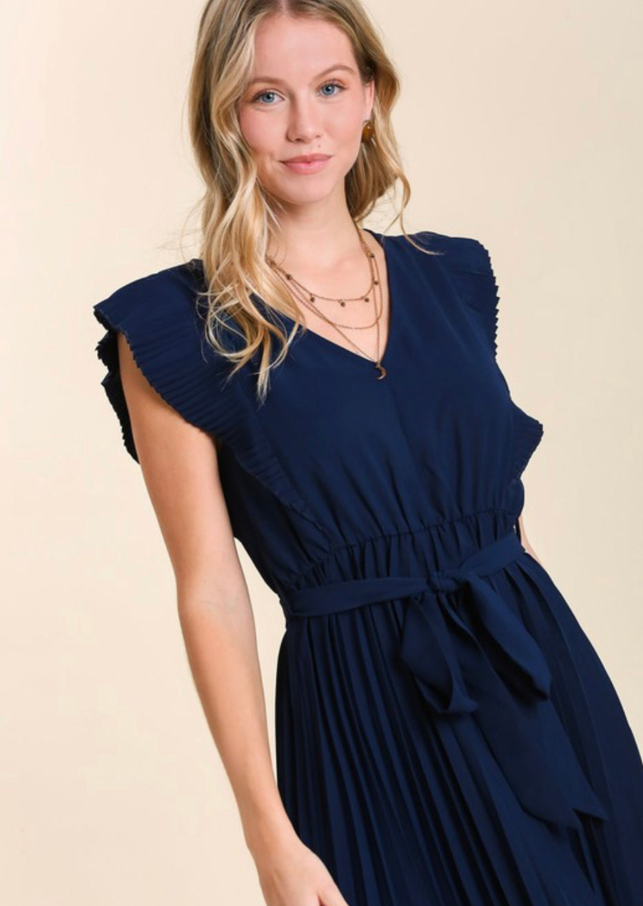 Solid Pleated Navy Dress