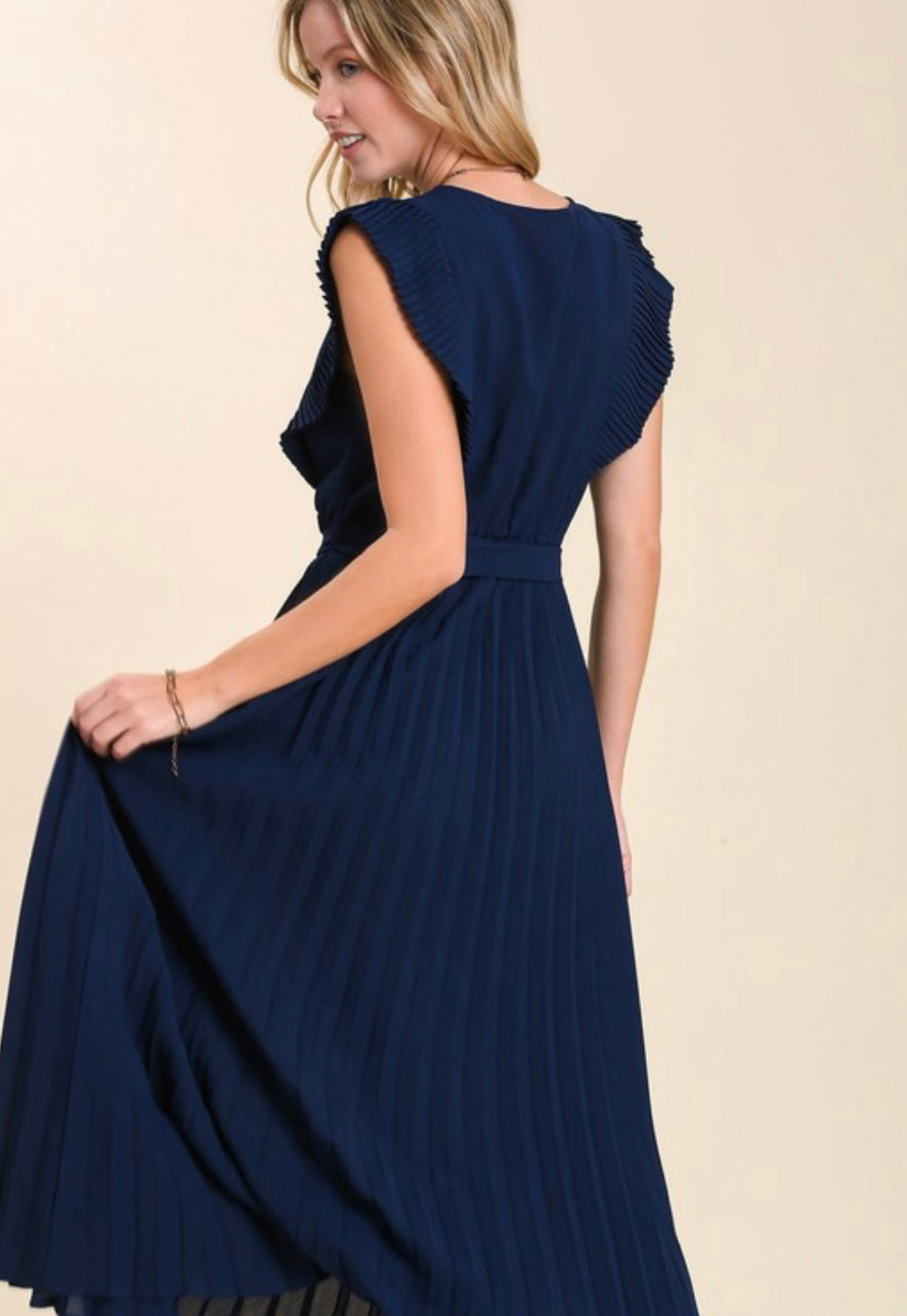 Solid Pleated Navy Dress